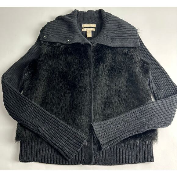 Banana Republic Size Large Black Wool Faux Fur Cardigan Sweater Winter Collared - Picture 3 of 11